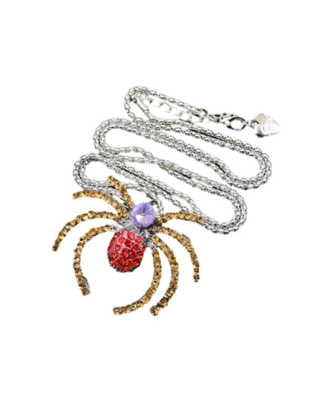 Betsey Johnson Gold Red Rhinestone Spider Necklace Brooch